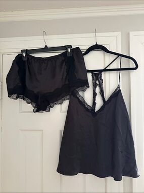 In Bloom Black Satin Lace Cami & Short Sleep Set